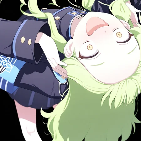 great quality, dynamic pose,dynamic angle,foreshortening, smile,standing,feet out of frame,from behind,face close-up, surprised,wide-eyed,looking away,scare,looking up,orgasm,laughing,upside-down face ,hands on head,hands up,ut of frame,hikari \(blue archive\), ,green hair,forehead,black uniform,, black background,long hair