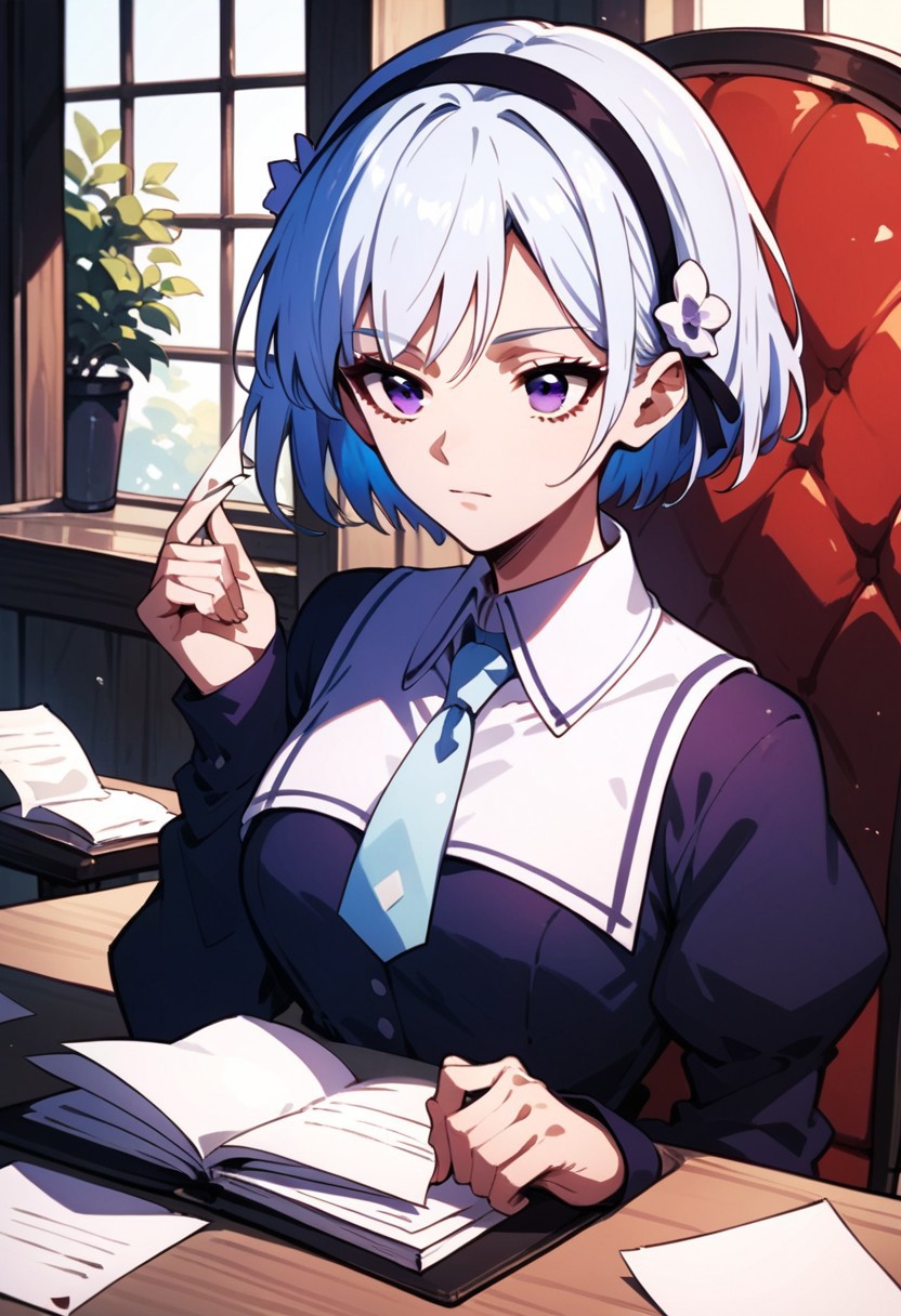 score_9, score_8_up, score_7_up, HENRIETTE MYSTERE,
HENRIETTE MYSTERE STUDENT ATTIRE, 1girl, solo, short hair, long sleeves, sitting, blue hair, purple eyes, white hair, hairband, chair, paper