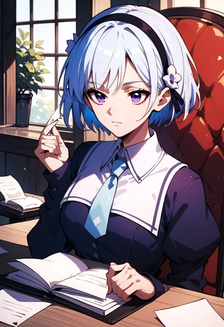 score_9, score_8_up, score_7_up, HENRIETTE MYSTERE,
HENRIETTE MYSTERE STUDENT ATTIRE, 1girl, solo, short hair, long sleeves, sitting, blue hair, purple eyes, white hair, hairband, chair, paper