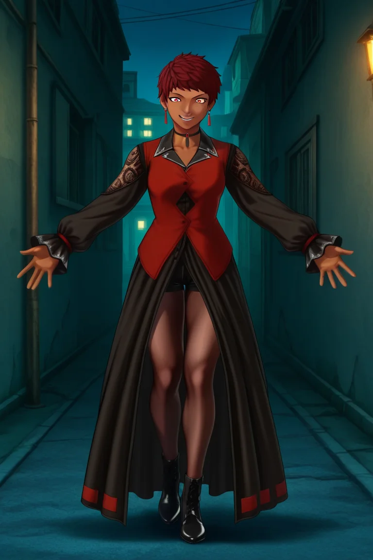 frieezastance, outstretched arms, open hands, legs together, 1girl, solo, vice (kof), red hair, short hair, red eyes, dark-skinned female, red earrings, black dress, long dress, long sleeves, choker, red vest, clothing cutout, fishnet sleeves, frilled sleeves, front slit, black pantyhose, pantyhose under shorts, black shorts, short shorts, black footwear, high heel boots, outdoors, alley, night, crazy smile, full body, anime_screencap, 2d, anime_coloring, straight on, facing_viewer,