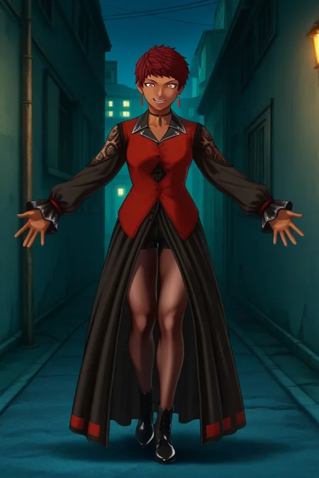 frieezastance, outstretched arms, open hands, legs together, 1girl, solo, vice (kof), red hair, short hair, red eyes, dark-skinned female, red earrings, black dress, long dress, long sleeves, choker, red vest, clothing cutout, fishnet sleeves, frilled sleeves, front slit, black pantyhose, pantyhose under shorts, black shorts, short shorts, black footwear, high heel boots, outdoors, alley, night, crazy smile, full body, anime_screencap, 2d, anime_coloring, straight on, facing_viewer,
