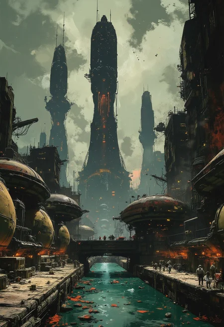 impressionistic oil painting of a canal running through a futuristic sci-fi cityscape, towers and skyscrapers, domes, aircraft, people