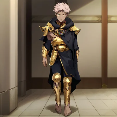 source_anime, anime screenshot, anime colouring, highly detailed, intricately detailed illustration,  Palace background, indoors, solo, 1male, Dark skin, white hair, yellow eyes, male focus, black cloak, black pants, barefoot, 5 toes, leg armor, gold leg armor, shin armor, shoeless leg armor, itadori yuuji, itadori_facial mark, standing, sideview