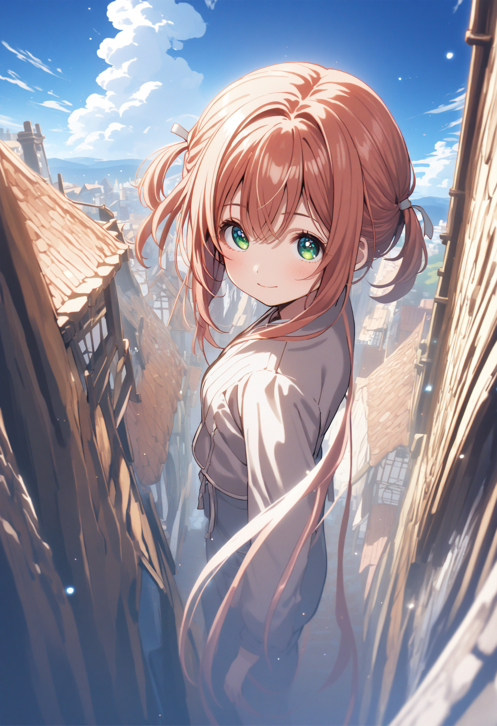 <lora:LoRA_Amazno_Kozue_Style_SDXL-000009:1.2> (amano kozue:1.2),
best quality, 4k, very aesthetic, absurdres, 
1girl, solo, long hair, clear eyes, (scenery:0.7), 
blue sky, town,