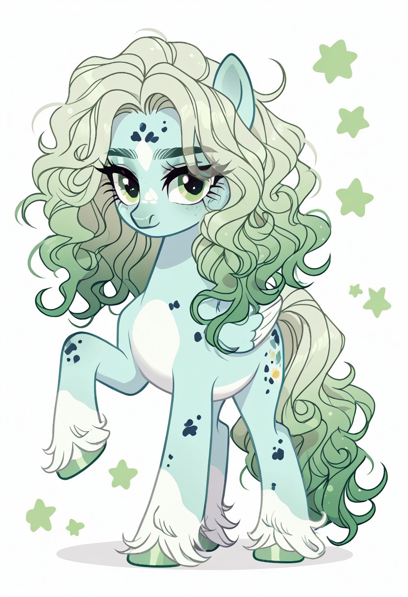 score_9, score_8_up, score_7_up, score_6_up, score_5_up, score_4_up, show accurate, full body, simple background, feral pony, female pony, charming appearance, original character, pegasus, adventurous look, star-shaped markings on sides, light blue body, cream belly, dark blue spots, emerald green eyes, flowing hair with silver strands, wavy hair, long flowing mane, medium-length tail, lavender hooves