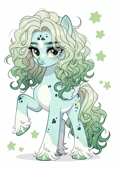 score_9, score_8_up, score_7_up, score_6_up, score_5_up, score_4_up, show accurate, full body, simple background, feral pony, female pony, charming appearance, original character, pegasus, adventurous look, star-shaped markings on sides, light blue body, cream belly, dark blue spots, emerald green eyes, flowing hair with silver strands, wavy hair, long flowing mane, medium-length tail, lavender hooves
