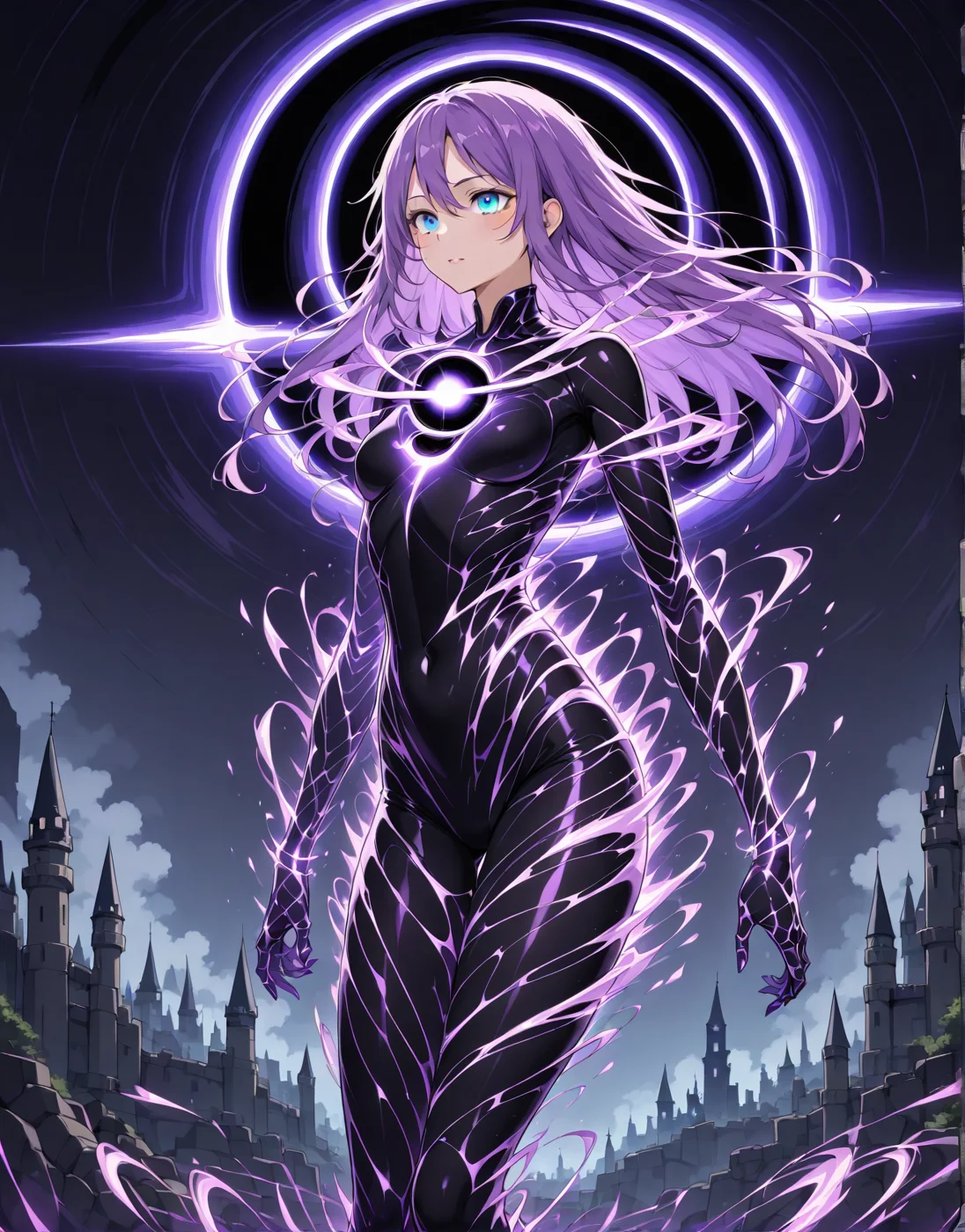 yazloba, voidform, void transformation,black hole textures,stands near the castle,purple hair, blue eyes, girl, <lora:V2.ya_arcane_elements:1>