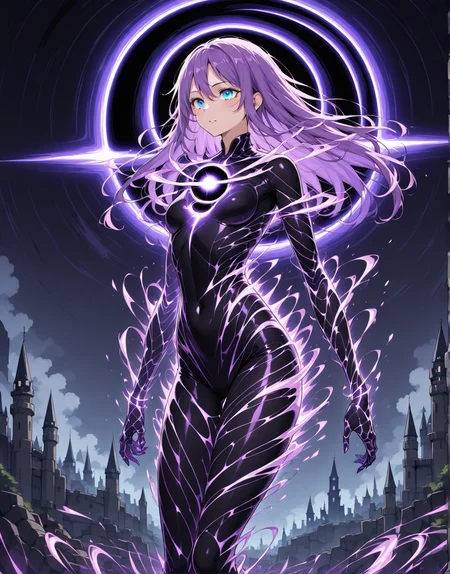 yazloba, voidform, void transformation,black hole textures,stands near the castle,purple hair, blue eyes, girl, <lora:V2.ya_arcane_elements:1>