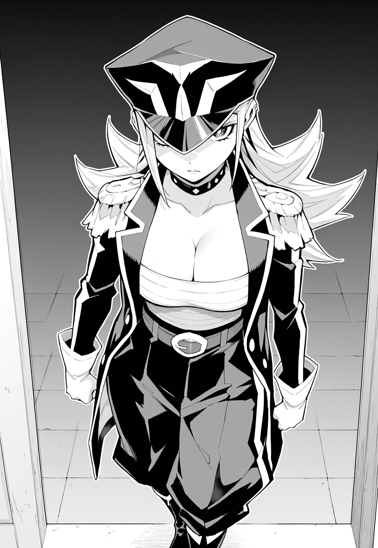 masterpiece, best quality, amazing quality, 1girl, solo, detailed beautiful eyes, white pupils, mira kamiunten, long light hair with spiky ends, 3 black lightning bolt shaped streaks in hair on either side of head, side bangs, sharp eyes, sharp black eyeliner, large breasts, wide hips, manga, monochrome, long open military-style jacket with buttons and trim, epaulets, white bandaged top with cleavage, black peaked officer cap with detailing, belt with buckle, white gloves with trim, black studded leather choker, black baggy trousers, shin height black boots with trim and buckle, standing pose, neutral expression, looking forward







