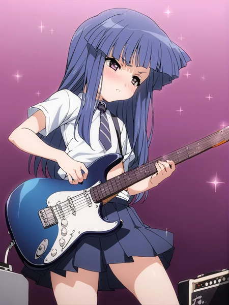 masterpiece, best quality, <lora:0r0P00W0n0j0O0kqLSDXL_LoRA_V1:1>, 1girl, solo, furude rika, blue hair, purple eyes, instrument, skirt, guitar, necktie, long hair, shirt, blush, holding, pleated skirt, electric guitar, cropped legs, holding instrument, simple background, short sleeves, white shirt, sparkle