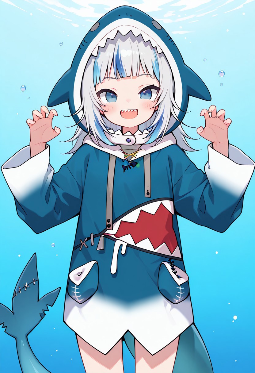 score_9, score_8_up, score_7_up, score_6_up, Enchanting Eyes, Bromeliad style, aesthetic, absurdres, beautiful, highres, detailed eyes,((solo)), 1girl, Houshou Marine, hololive Gawr Gura
,gawr gura, blue hoodie, shark hood, sharp teeth, shark tail, rawr pose