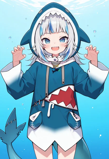 score_9, score_8_up, score_7_up, score_6_up, Enchanting Eyes, Bromeliad style, aesthetic, absurdres, beautiful, highres, detailed eyes,((solo)), 1girl, Houshou Marine, hololive Gawr Gura
,gawr gura, blue hoodie, shark hood, sharp teeth, shark tail, rawr pose