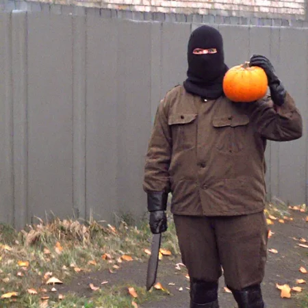 balaclava, , guerilla, plain wall background, uniform, holding a pumpkin, lacing <lora:lowfi-step00015000:1> the ira kidnapping a pumpkin