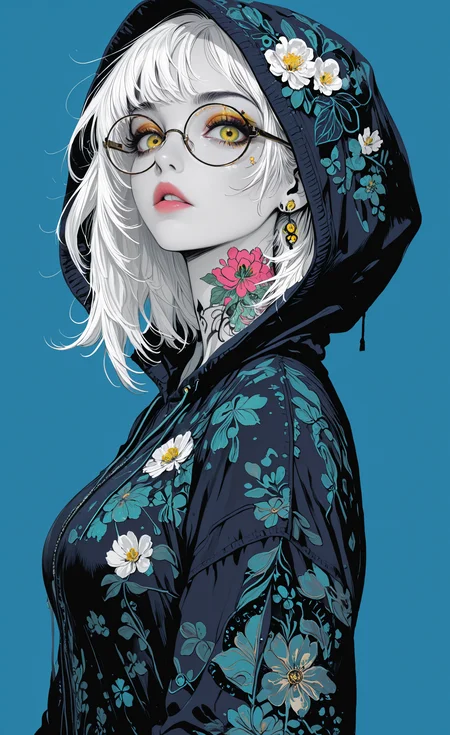 1girl, solo, breasts, looking at viewer, simple background, jewelry, green eyes, jacket, upper body, yellow eyes, white hair, earrings, parted lips, glasses, medium hair, hood, from side, eyelashes, lips, hoodie, tattoo, makeup, blue background, floral print, hooded jacket, hood up, eyeshadow, round eyewear, neck tattoo, flower tattoo