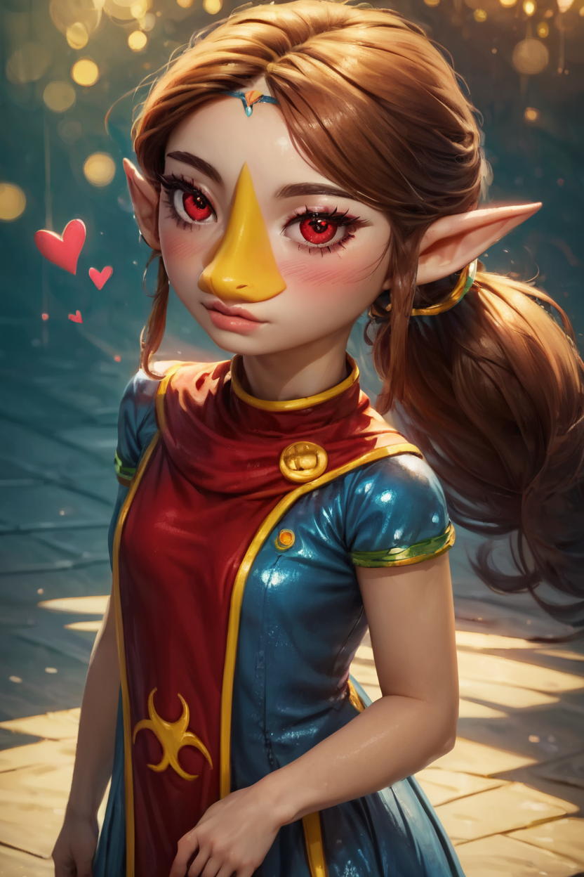 score_9, score_8_up, score_8, medium breasts, (curvy), cute, eyelashes,       BREAK, ,  <lora:MedliZelda_PDXL_v2:0.8>,  zzMedli, solo, 1girl, brown hair, beak, pointy ears, bird, long hair, long hair, red eyes, ponytail, blue dress, red tabard,, BREAK,  (ultra realistic,32k, masterpiece:1.2),(high detailed skin:1.1),( high quality:1.1), curvy, head tilt, hearts, blush, lips, closed mouth, curvy, head tilt, shiny clothes, (upper body), looking at viewer, bokeh, luminescent background,  embedding:zPDXL, Expressiveh,  <lora:RlAnmPDXL:1.0>,
