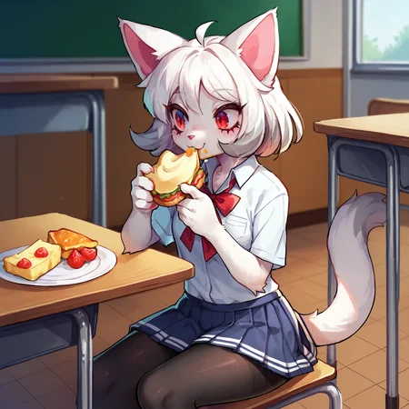 <lora:Robonya-PONY:0.8> robonya, furry, white body, red eyes, female, sitting, facing away, school uniform, ribbon, skirt, leggings, eating, food, score_9, score_8_up