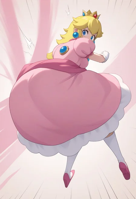 (source_anime, score_9, score_7_up:1), 1girl, solo, ass focus, action pose, peachbomber, fighting, hip attack, aimed sideways, princess peach, dress, flying, action lines, abstract background