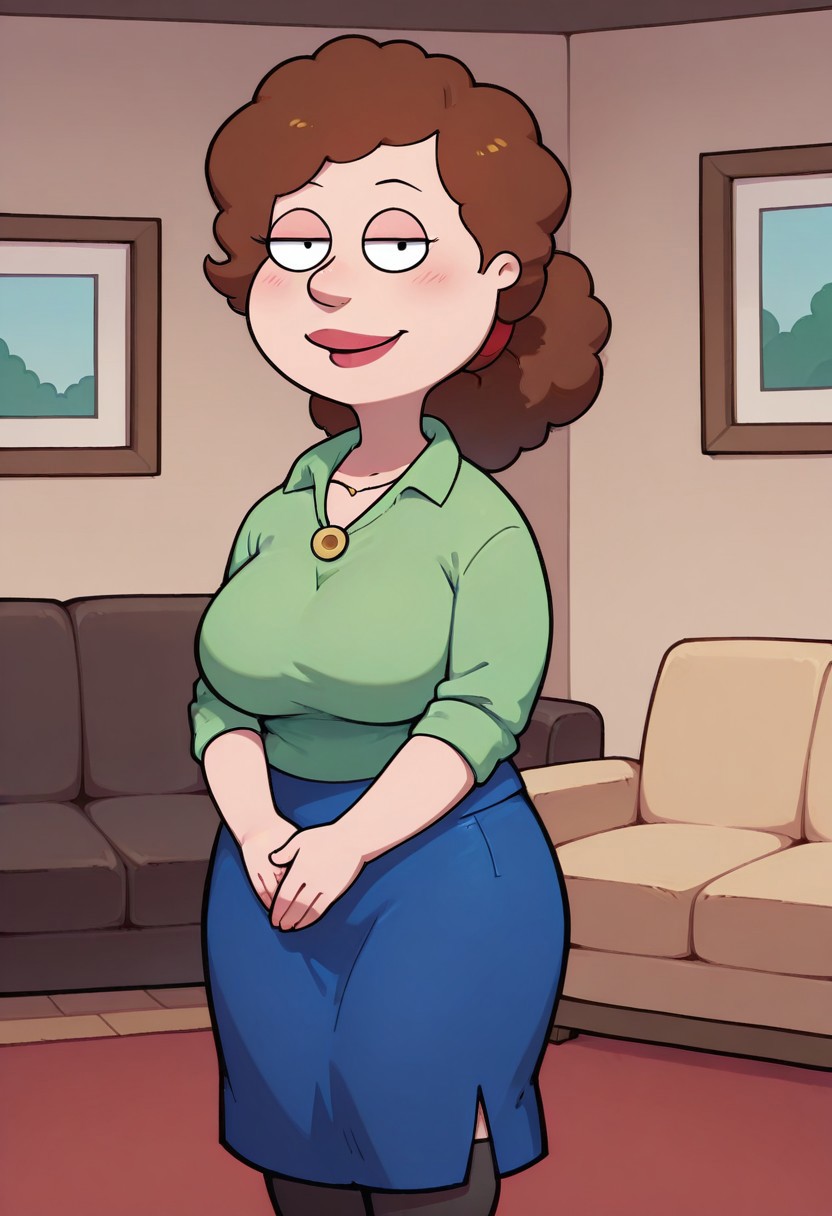 score_9, score_8_up, score_7_up, score_6_up, high quality, rounded eyes, style parody, cartoon style, 1girl, solo, living room, couch, indoors,
BREAK
unnamed girl, brown hair, black eyes, (mature female:1.5), (plump:1.2), large breasts, gigantic hips, green sweater, rolled up sleeves, blue skirt, stockings, own hand together, blush, smile, looking at viewer, long skirt, half-closed eyes, necklace,