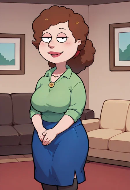 score_9, score_8_up, score_7_up, score_6_up, high quality, rounded eyes, style parody, cartoon style, 1girl, solo, living room, couch, indoors,
BREAK
unnamed girl, brown hair, black eyes, (mature female:1.5), (plump:1.2), large breasts, gigantic hips, green sweater, rolled up sleeves, blue skirt, stockings, own hand together, blush, smile, looking at viewer, long skirt, half-closed eyes, necklace,