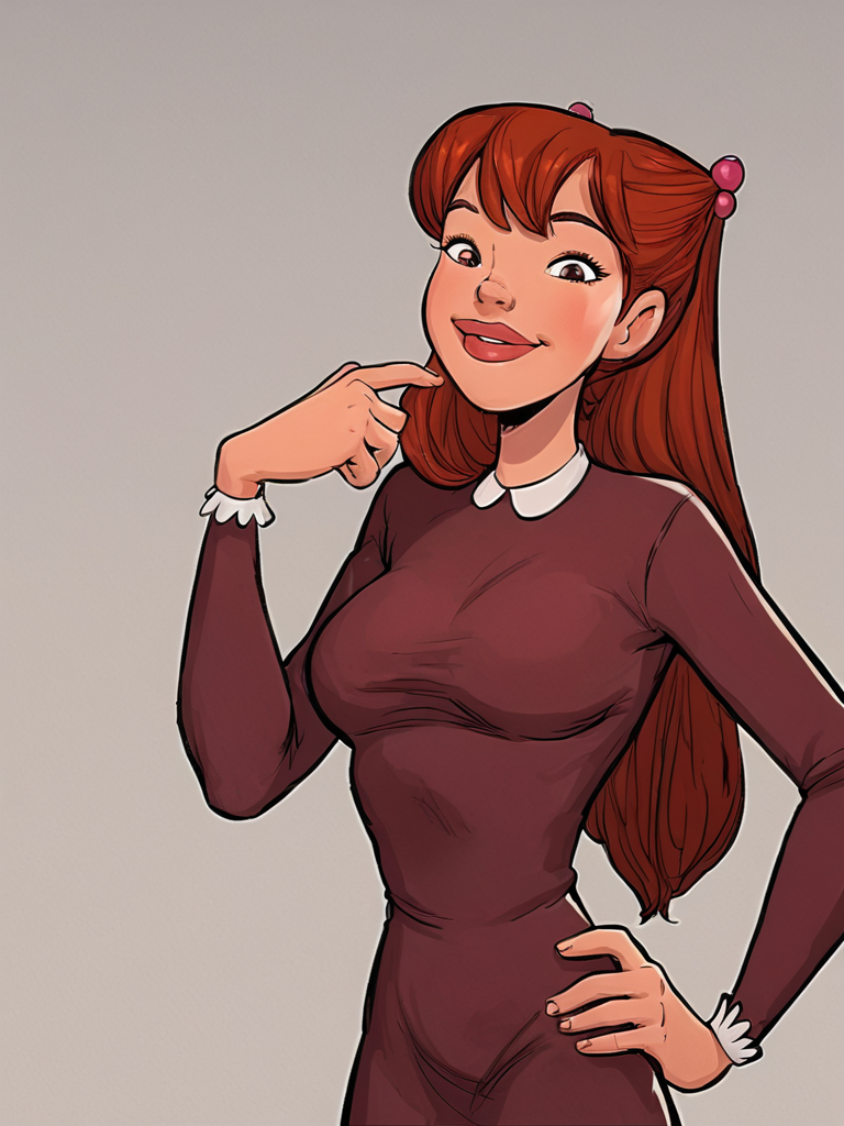 score_9_up,score_8_up,score_6,score_5,score_4,  julia, long hair, 1girl, brown hair, lips, solo, hair ornament, breasts, red hair, dress, simple background, hand up, smile,looking at viewer ,hand on hip, upper body,pov, flashing tits     <lora:julia sdxl:1>
