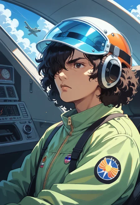cromartie,Score_9, score_8_up, score_7_up, score_6_up, 1boy, bpbshin, flight suit, standing next to aircraft, portrait, solo, hair over one eye helmet,open helmet grasses, cockpit, visor down,protruding afro hair