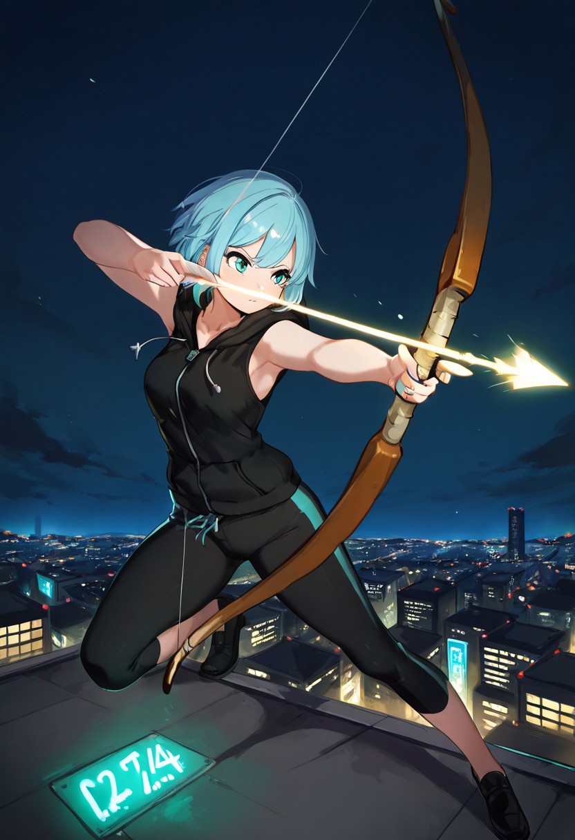 masterpiece, best quality,   zzArrow, zzAtU,  sleeveless hoodie, bow and arrow, city rooftop, aiming, neon lights, night sky, turquoise eyes, focused expression, blue hair, urban setting, full body, cityscape, determined pose, dynamic, action shot  ,(dynamic pose, foreshortening),  ,<lora:ZZArrow_IXL:1.0>,