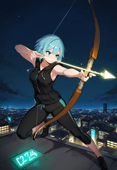 masterpiece, best quality, zzArrow, zzAtU, sleeveless hoodie, bow and arrow, city rooftop, aiming, neon lights, night sky, turquoise eyes, focused expression, blue hair, urban setting, full body, cityscape, determined pose, dynamic, action shot ,(dynamic pose, foreshortening), ,<lora:ZZArrow_IXL:1.0>,