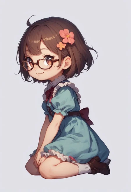 score_9, score_8_up, score_7_up, best quality, fine detail, 1girl, solo, cute, chibi, sitting on ground, wearing dress, glasses, brown hair, from side, neutral color background