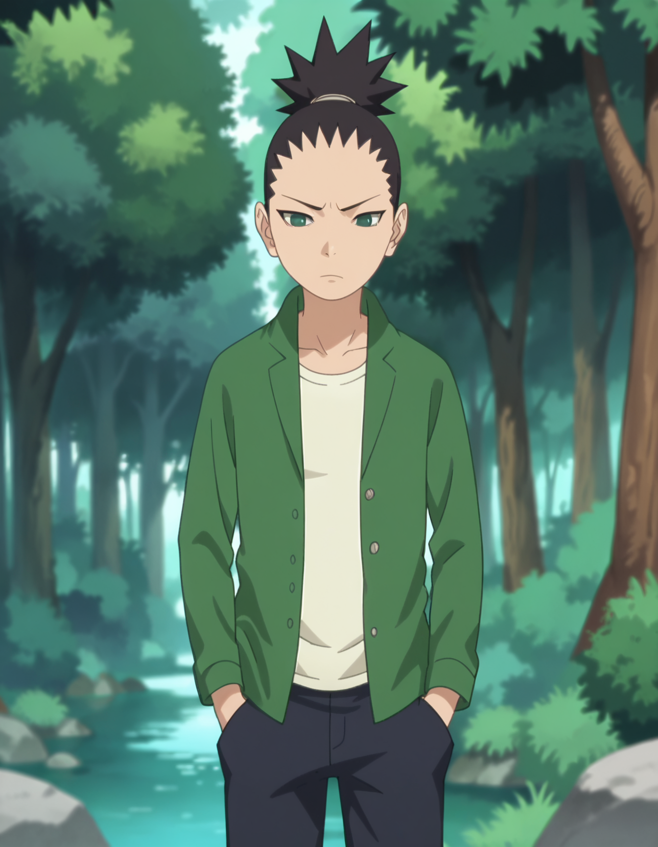 score_9, score_8_up, score_7_up, source_anime,anime screencap,anime coloring,
uncensored,
shikadai, black hair,nara shikadai,black eyes,topknot,green eyes,ponytail,
green jacket,white shirt,
pants, 
standing, solo focus,
perfect anatomy,
scenery,outdoors,forest,
<lora:Shikadai:0.9>