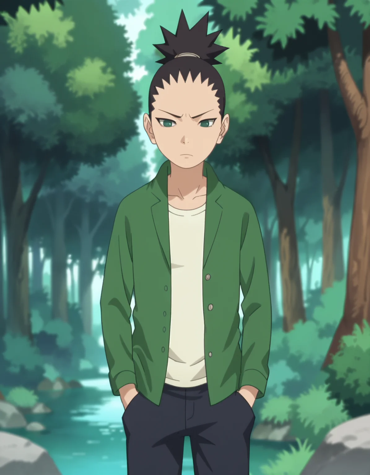 score_9, score_8_up, score_7_up, source_anime,anime screencap,anime coloring,
uncensored,
shikadai, black hair,nara shikadai,black eyes,topknot,green eyes,ponytail,
green jacket,white shirt,
pants,
standing, solo focus,
perfect anatomy,
scenery,outdoors,forest,
<lora:Shikadai:0.9>