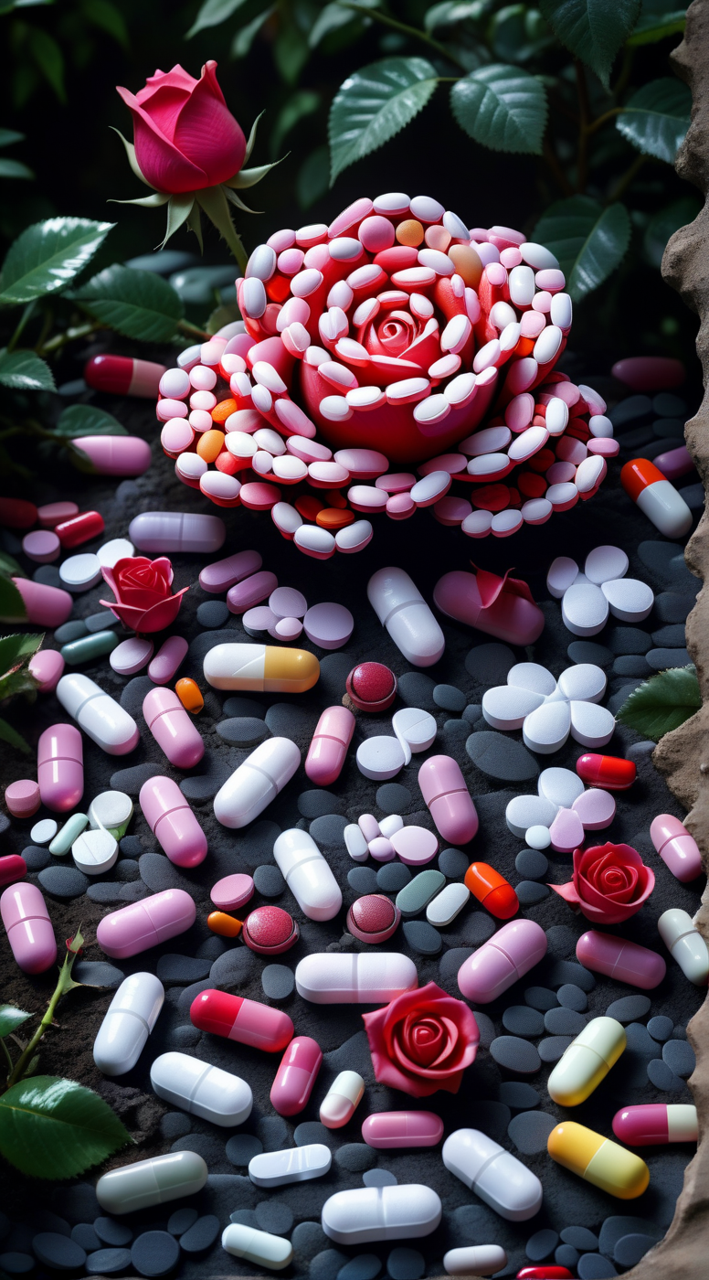 rose made of pills in garden, darkness, enigmatic dreamscape professional photo <lora:pills:1>