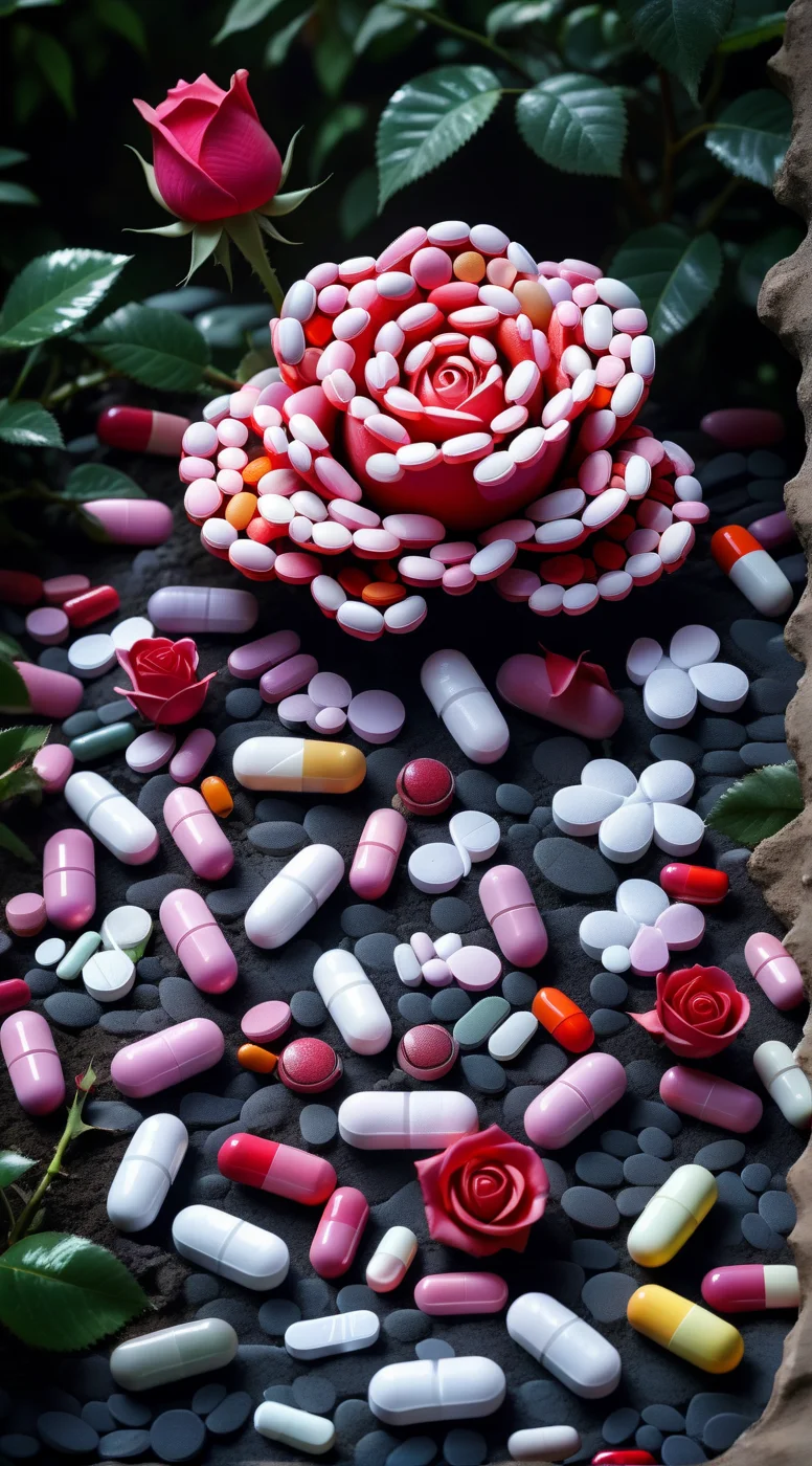 rose made of pills in garden, darkness, enigmatic dreamscape professional photo <lora:pills:1>