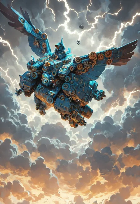 score_9,score_8_up,score_7_up, vibrant, bright colors, masterpiece, best quality, 4k, Ancient thunder bird Mecha, 
giant thunder bird mech with air emitting from shoulders,thunder storm, polished, creating a tornado, ancient, flying, covered in lightning and air, flat color,