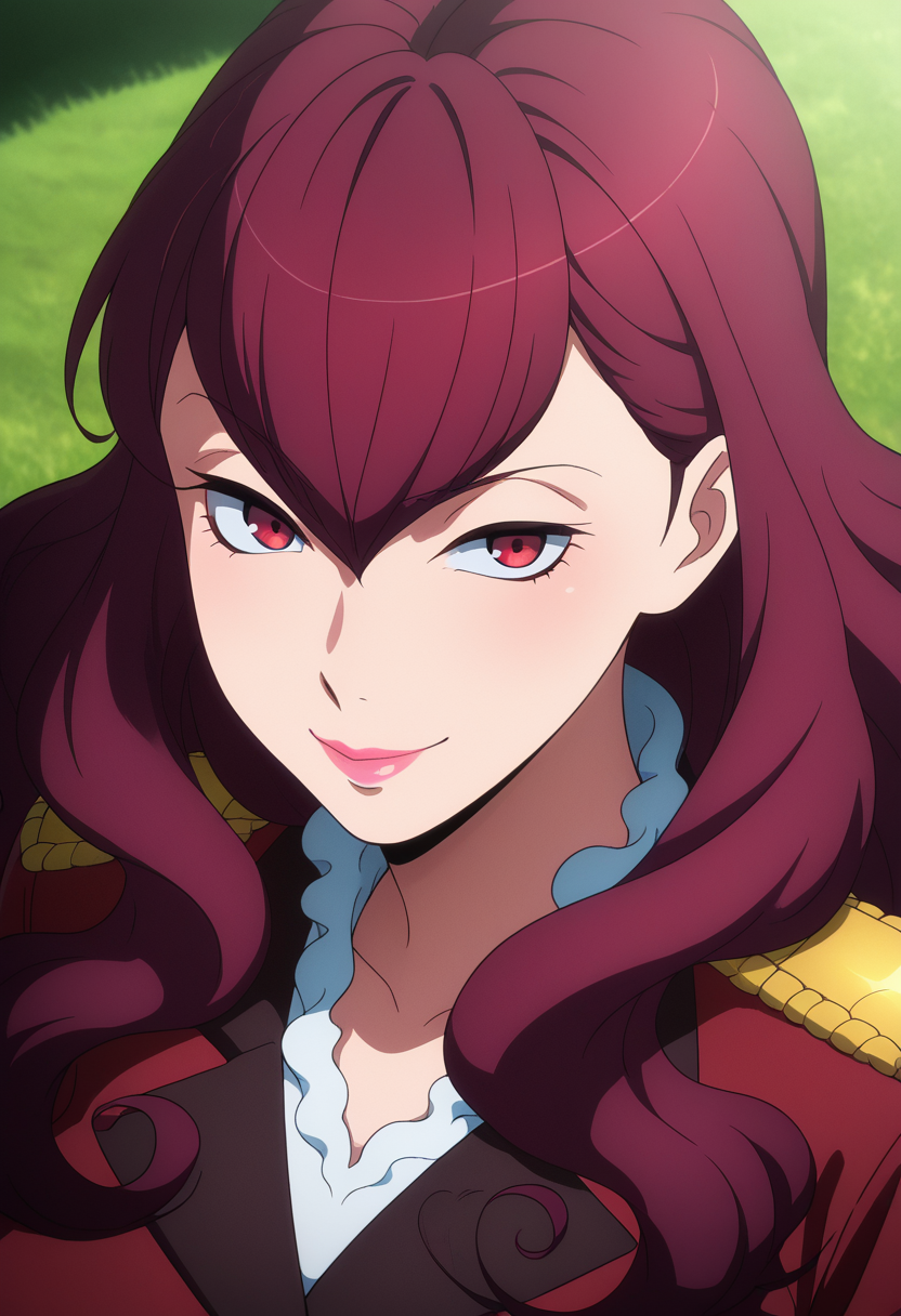 masterpiece, best quality, amazing quality, 1girl, solo, portrait, femieanneww, mature female, red eyes, red hair, long hair, curly hair, hair between eyes, lipstick, vers uniform, military uniform, red jacket, epaulettes, looking at viewer, smile, outdoors, skindentation, detailed clothing folds, depth of field, sharp, high contrast, dynamic light <lora:Aldnoah_Zero_Femieanne_ill:1>