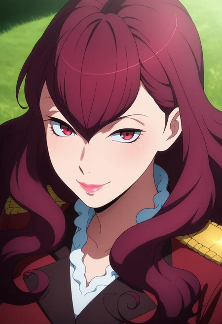 masterpiece, best quality, amazing quality, 1girl, solo, portrait, femieanneww, mature female, red eyes, red hair, long hair, curly hair, hair between eyes, lipstick, vers uniform, military uniform, red jacket, epaulettes, looking at viewer, smile, outdoors, skindentation, detailed clothing folds, depth of field, sharp, high contrast, dynamic light <lora:Aldnoah_Zero_Femieanne_ill:1>