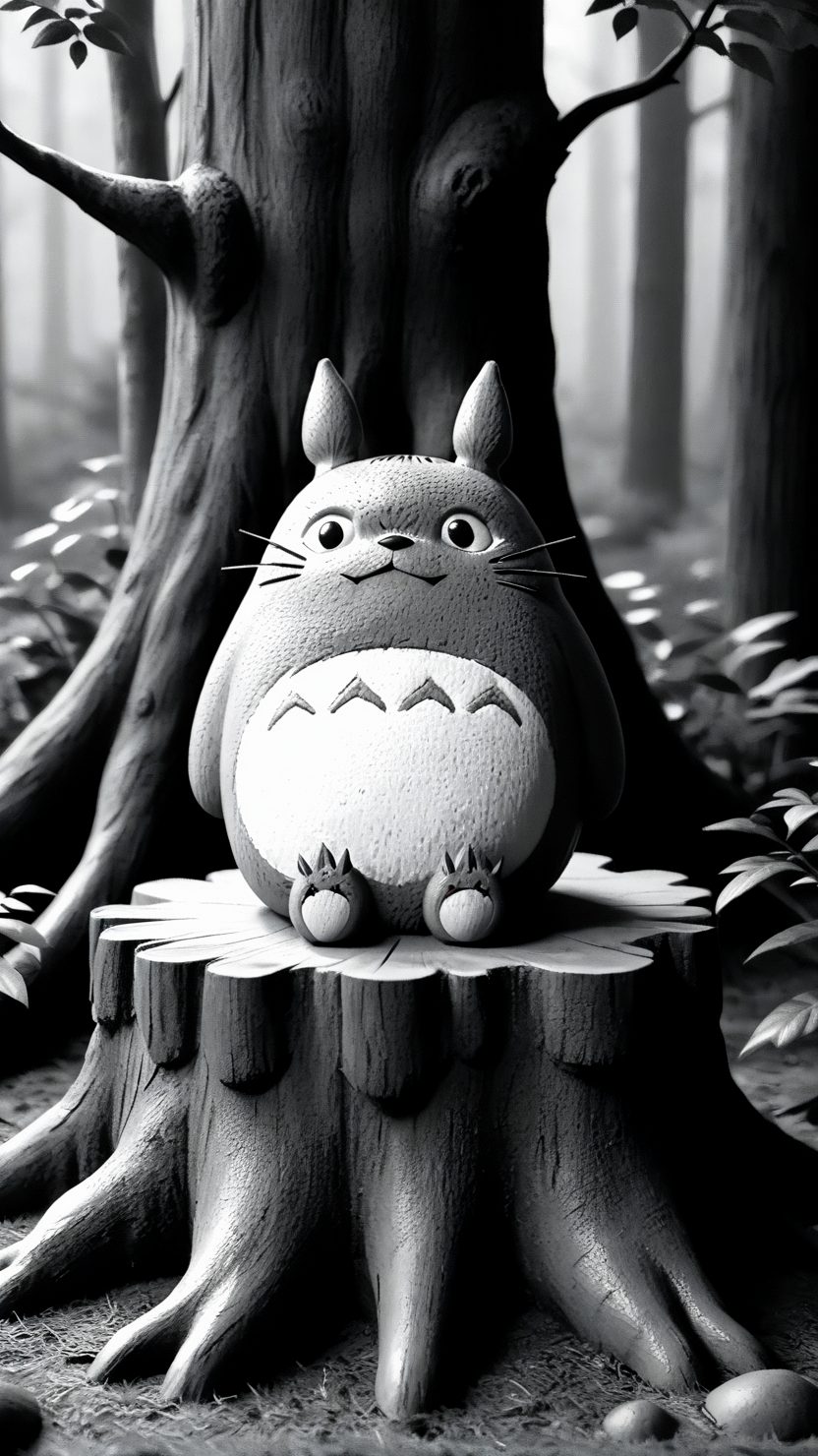 <lora:3DPrintingXL:1>,whitemold,3d printed mold,art style,greyscale,monochrome, Totoro (My Neighbor Totoro), 1character, solo, fur, large round eyes, gentle expression, sitting on a tree stump, surrounded by forest, warm and cozy atmosphere.