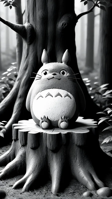 <lora:3DPrintingXL:1>,whitemold,3d printed mold,art style,greyscale,monochrome, Totoro (My Neighbor Totoro), 1character, solo, fur, large round eyes, gentle expression, sitting on a tree stump, surrounded by forest, warm and cozy atmosphere.
