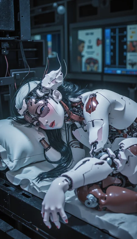 cyborgheadv1 A digital artwork in the style of cknc, beautiful cyborg girl curled up and sleeping on hi-tech laboratory bed <lora:cyborgheadv1:1.1> <lora:CPA:0.9>