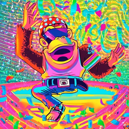 funky_kong, white tank top, belt, denim shorts, easynegative, synthwave-galaxy, party, discotheque, club, funky_kong dj'ing, dj, music, partying, dancing, laughing, having a good time, colorful
