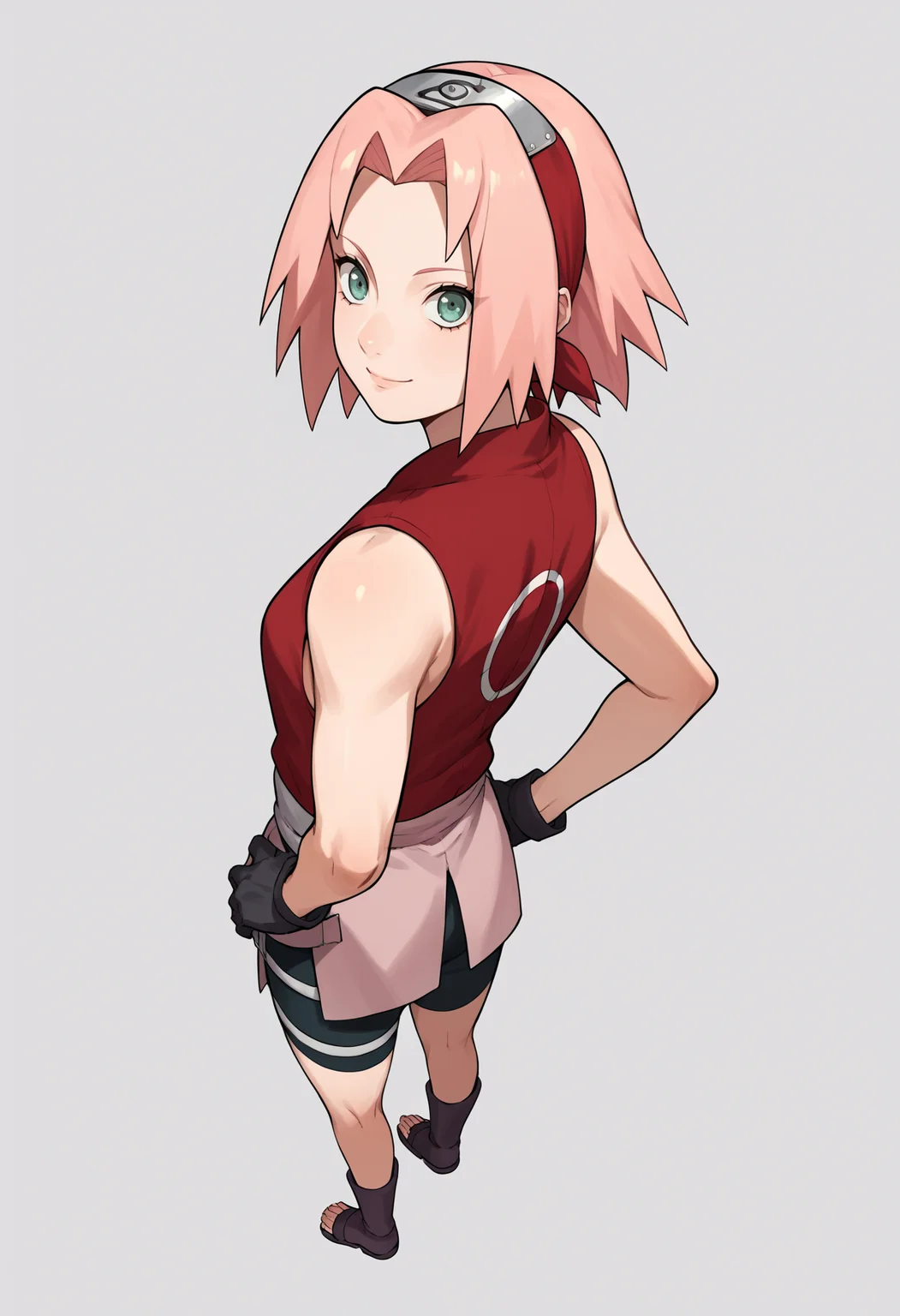 score_9, score_8_up, score_7_up, score_6_up, score_5_up, score_4_up, BREAK, source_anime,
1girl, haruno sakura, pink hair, short hair, green eyes, sleeveless, red shirt, forehead protector, bike shorts, shorts, black gloves,
hands on hips, smile, standing, full body, looking at viewer, solo, simple background, white background
<lora:SakuraShippudenXL:1>
