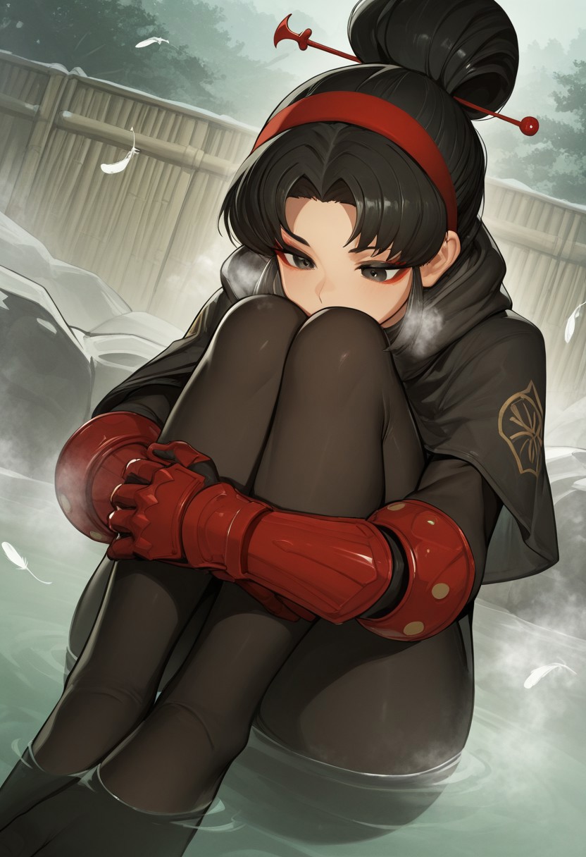 ro_g,  outdoors, undershirt, falling feathers, black bodysuit, hair stick, hugging knees, knees to chest, gauntlets, eyeshadow, red gloves, two sides up, black capelet, red hairband, black eyes, 1girl, solo, feet, visible breath, dynamic angle, foreshortening, smell, steam, onsen, water