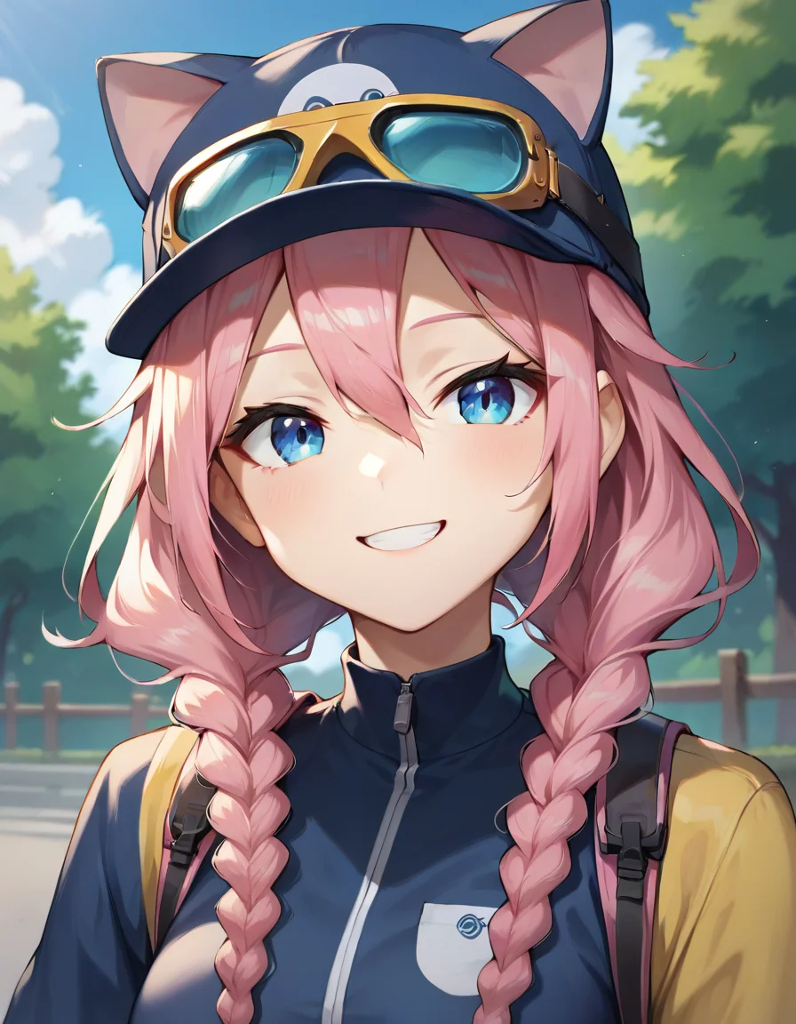 score_9,score_8_up,score_7_up,score_6_up BREAK official art,solo,outdoors,smile,upper body,(portrait:2),cheek-to-cheek,looking at viewer,facing viewer,Steam Delivery Girl,cat hat,baseball cap,blue headwear,goggles on headwear,medium hair,pink hair,twin braids,hair over shoulder,hair between eyes,parted bangs,blue eyes,multicolored jacket,blue jacket,medium breasts,yellow sleeves,puffy long sleeves,black gloves,fingerless gloves,denim shorts,thigh strap,grey socks,sneakers,black footwear,<lora:Steam Delivery Girl(steam)-Pony:1.1>,<lora:Smooth Anime Style LoRA XL:0.8>,
