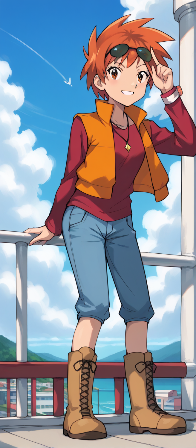 2d, masterpiece, best quality, amazing quality, 1girl, solo, leaning forward, full body, standing, smile, looking at viewer,  sky, clouds, meadows, score_9, score_8_up, score_7_up,source_anime,pkzoey, orange hair, short hair, spiked hair, bangs, necklace, eyewear on head, sunglasses, red shirt, long sleeves, bracelet, orange vest, jeans, boots, brown footwear, capri pants
