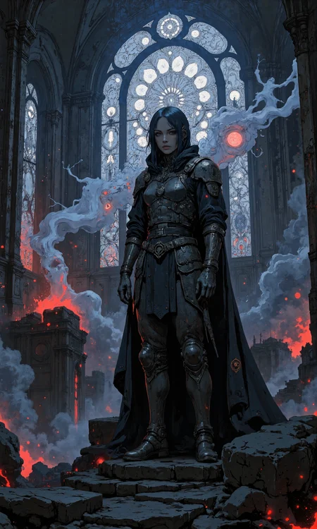 Undead queen in elaborate regal armor adorned with arcane crystals, ethereal haunting beauty, commanding an enchanted legion of risen souls, gothic cathedral backdrop with intricate stained glass motifs, misty atmosphere, female warlock with mystical aura exuding power, glowing spectral magic, eerie landscape with wisps of fog, 8k resolution, fantasy masterpiece, capturing her enigmatic and terrifying allure, blending necromancy and enchantment in visual storytelling, chiaroscuro lighting highlighting her command and mystique, meticulously detailed fantasy art imbued with surreal emotion <lora:Mezzotint_Artstyle_for_Flux_-_by_Ethanar:0.4> <lora:Hand v2:0.9> <lora:Comic book opus 3:0.5> <lora:Let_It_Blaze_in_Crimson_anime_v1.0:0.8> <lora:flux_dev:1>