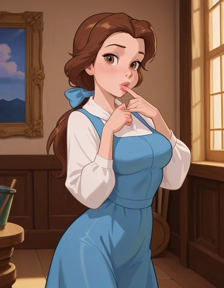 masterpiece, best quality, amazing quality, very aesthetic, absurdres, newest, detailed background, cowboy shot, 4k, 8k,
bellexd, 1girl, solo, brown hair, finger to mouth, brown eyes, shirt, long hair, white shirt, bow, looking at viewer, lips, hair bow, blue dress
<lora:Bella:1>