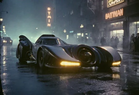 Blade Runner, old movie still, Sideview By Night, n-eeyblch, analog photo of the batmobile-1989, racing down an avenue in a futuristic city at night, dystopian, ((nighttime)), High Detail, Sharp focus, ((photorealism)), realistic, best quality, 8k, award winning, dramatic lighting, epic, cinematic, masterpiece, depth of field, volumetric lights, dutch angle, shallow haze, foggy, Dimmed light, 1989 Batman movie still, very detailed, deep blacks,