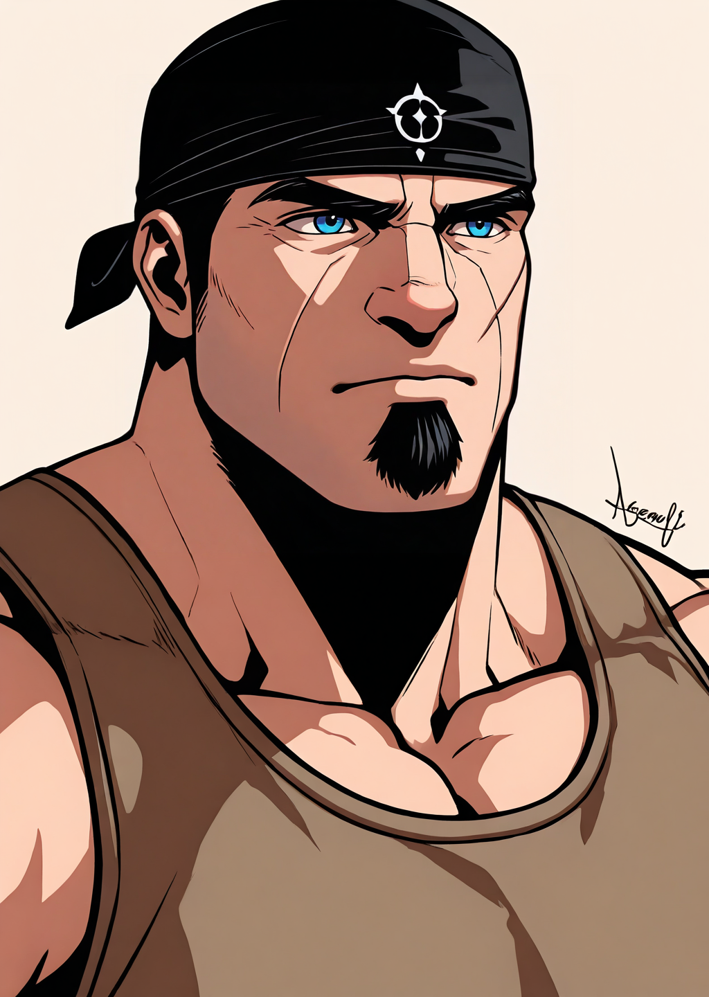 <lora:OG_Marcus_Fenix_IL:0.96> 1man, mature male, male focus, solo, ogmarcusfenix, sleeveless light brown t-shirt, black bandana, (bara, muscular:1.2), goatee, facial scar,  wrinkles, close up shot, blue eyes, simple background, (((simple color, high contrast, thick lineart, artist signature))), pose