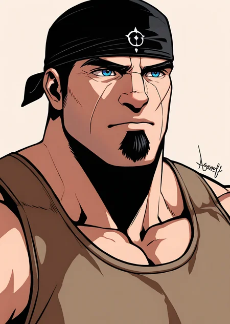 <lora:OG_Marcus_Fenix_IL:0.96> 1man, mature male, male focus, solo, ogmarcusfenix, sleeveless light brown t-shirt, black bandana, (bara, muscular:1.2), goatee, facial scar,  wrinkles, close up shot, blue eyes, simple background, (((simple color, high contrast, thick lineart, artist signature))), pose