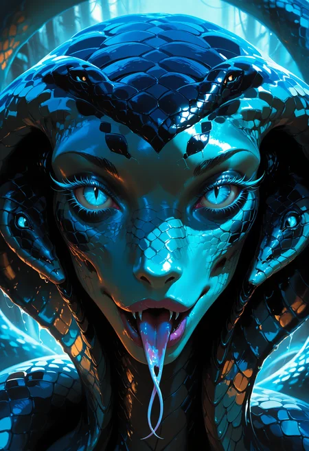 masterpiece, best quality, good quality, very awa, very aesthetic, absurdres, newest, 1girl, solo, looking_at_viewer, blue_eyes, closed_mouth, tongue, tongue_out, eyelashes, lips, portrait, slit_pupils, monster_girl, close-up, colored_eyelashes, snake, straight-on, scales, eye_focus, forked_tongue, white_snake, snake_hair, scenery, volumetric lighting, opill