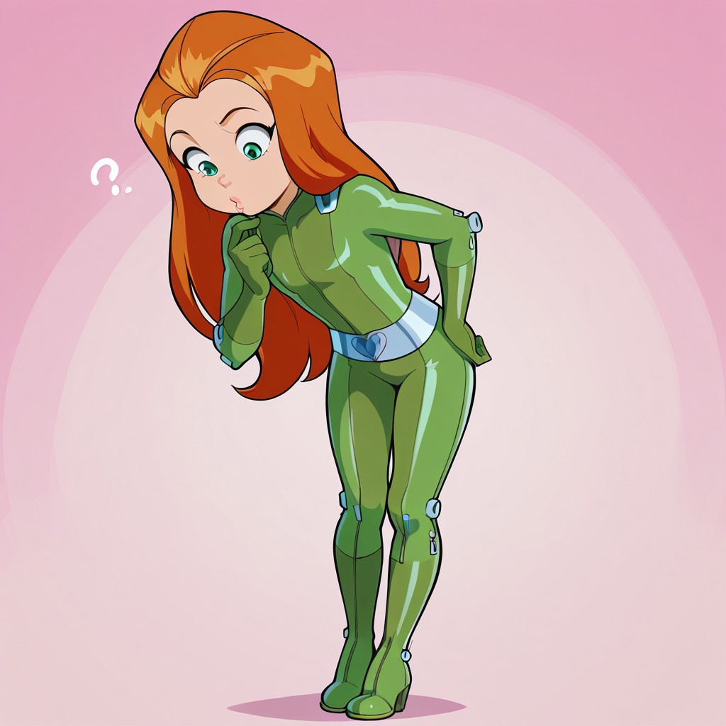 sam_totally_spies, long hair, orange hair, green eyes, green bodysuit, 
masterpiece, best quality, amazing quality, very aesthetic, absurdres, 
1girl, solo, ((short)), young, flat_chest1.9, Shortstack, 
  full body,
Standing,  looking down, confused, finger on chin